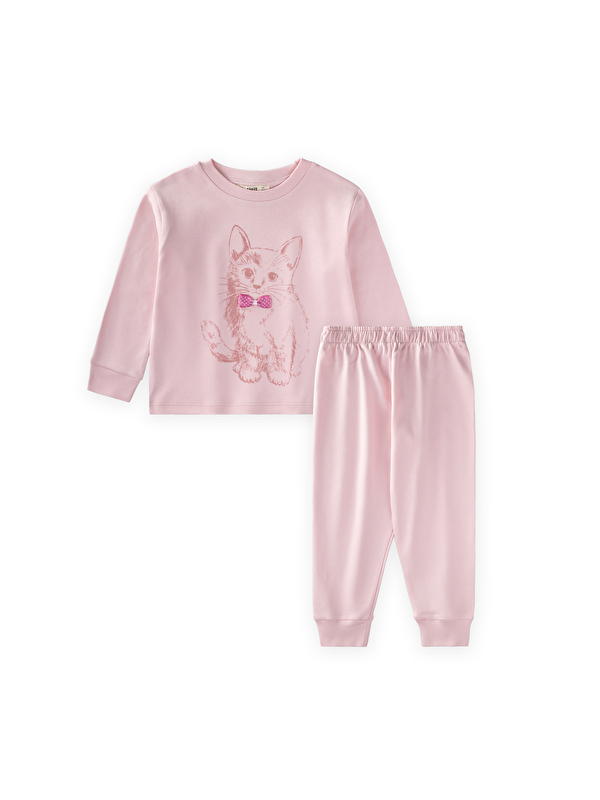 CİGİT Kedi Baskılı Pijama Takım 2-8 Yaş Pudra Pembe