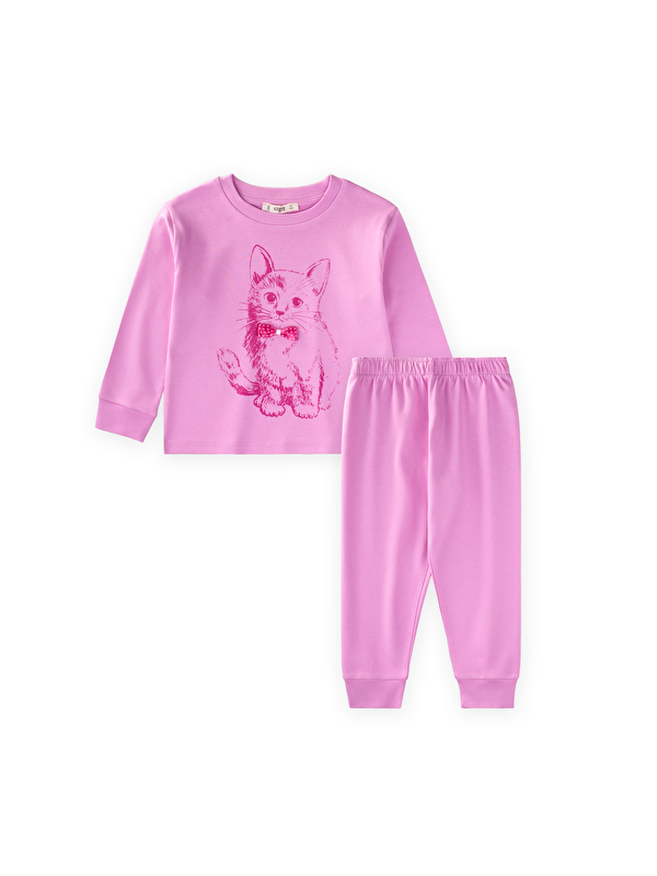 CİGİT Kedi Baskılı Pijama Takım 2-8 Yaş Pembe