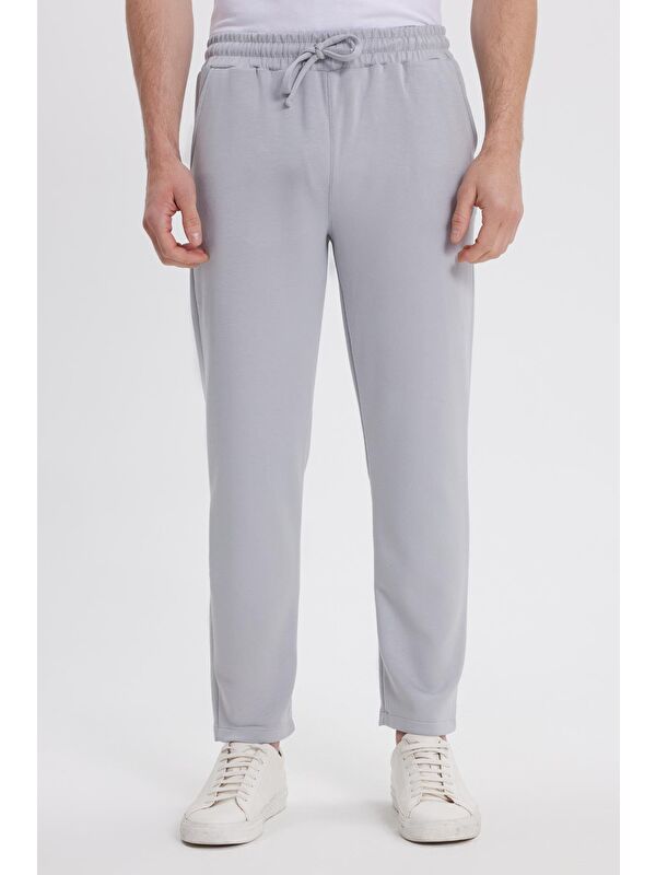 TUDORS Erkek Slim Fit Dar Kesim Beli Bağcıklı 3 Cepli Geniş Paça Gri Eşofman Altı