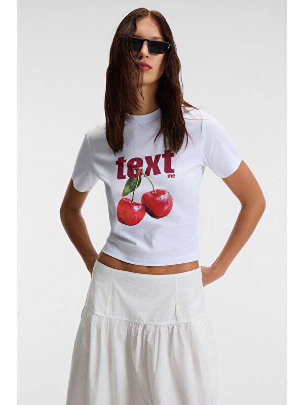 ETHIQUET ELVERA Kadın %100 Pamuk Comfort Fit Baskılı Kısa Kollu Yuvarlak Yaka BEYAZ T-Shirt