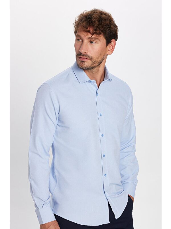 TUDORS Modern Slim Fit Uzun Kollu Pamuklu Kolay Ütü Armürlü Mavi Erkek Gömlek