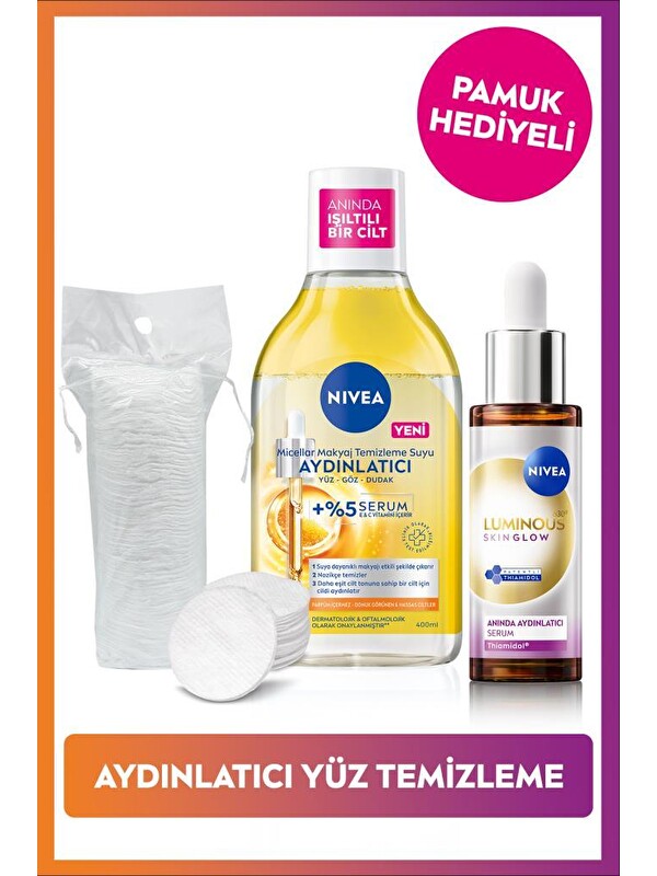 NIVEA Aydınlatıcı Bakım Seti, Makyaj Temizleme Suyu 400ml ve Luminous630 Skin Glow Serum 30ml,Pamuk Hediye