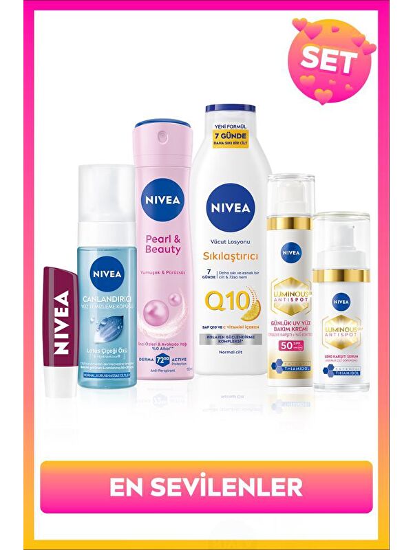 NIVEA Çeyiz Seti, Vücut Losyonu 250ml,Dudak Kremi, Yüz Temizleme Köpüğü, Deodorant, Leke Karşıtı Krem,Seru