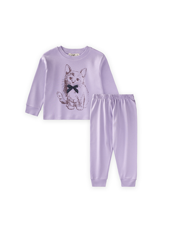 CİGİT Kedi Baskılı Pijama Takım 2-8 Yaş Lila