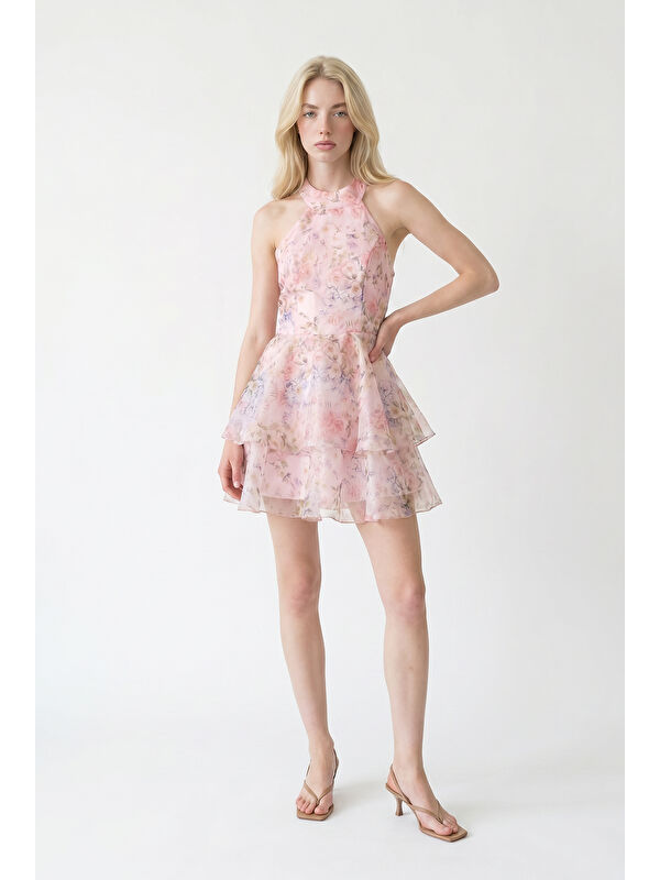 QUZU Çiçek Desenli Organze Mini Elbise Pembe