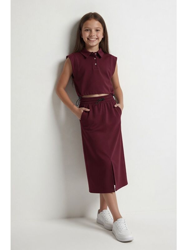 Cansın Mini Bordo Sıfır Kol Crop ve Yırtmaç Detaylı Etekli Kız Çocuk Alt Üst Takım 24006