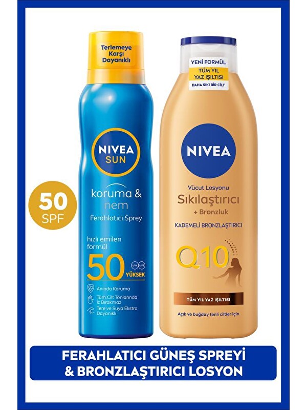 NIVEA SUN SPF50 Güneş Koruyucu Ferahlatıcı Sprey 200ml ve Q10 Sıkılaştırıcı Bronzluk Vücut Losyonu 250ml