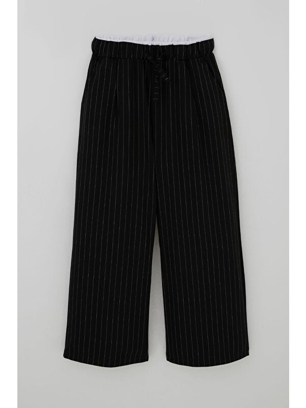 Breeze Kız Çocuk Pantolon Pinstripe Çizgili Çift Bel Detaylı Siyah (8-14 Yaş)