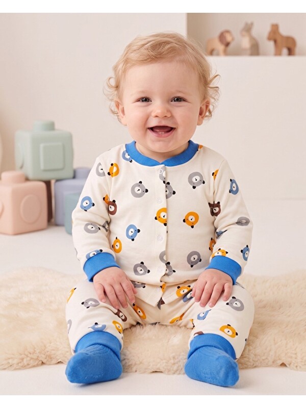 Ege Bebek Erkek Bebek Ayıcık Baskılı %100 Pamuklu 1-2-3 Yaş Çıtçıtlı Alt Üst  Mevsimlik Pijama Takımı