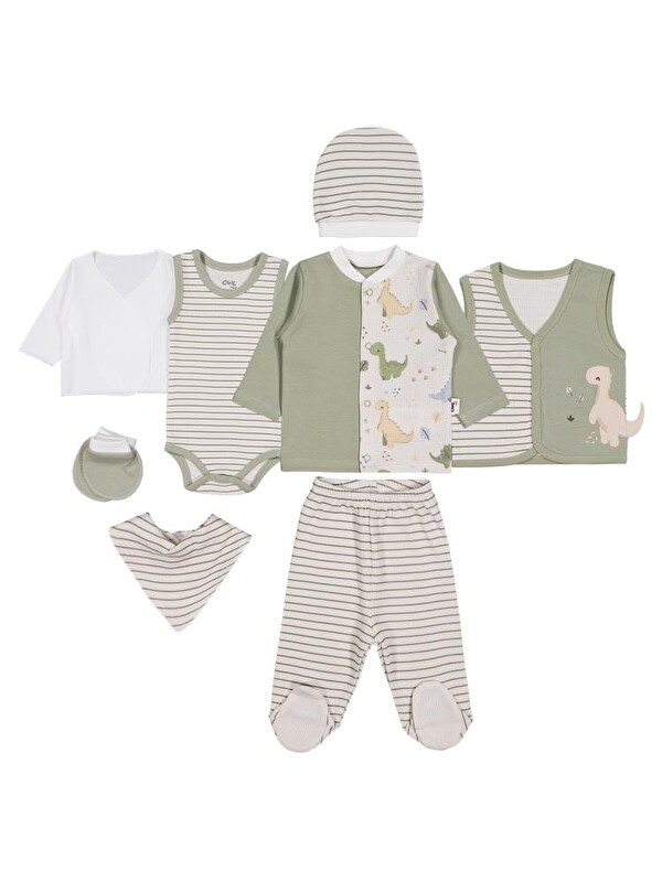 Civil Baby Dino Baskılı 8 li Zıbın Setleri - Yeşil