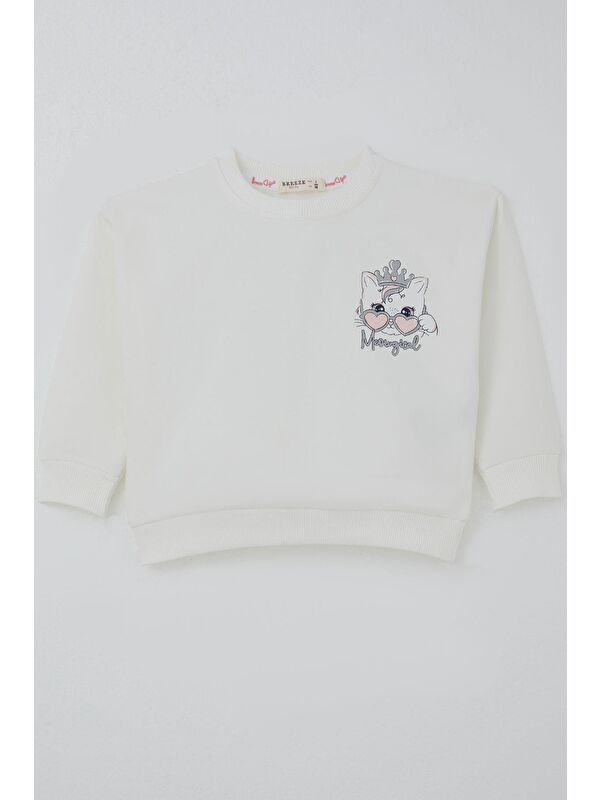 Breeze Kız Çocuk Sweatshirt Minik Taçlı Kedi Prenses Baskılı Sırt Baskı Detaylı Ekru (1.5-5 Yaş)