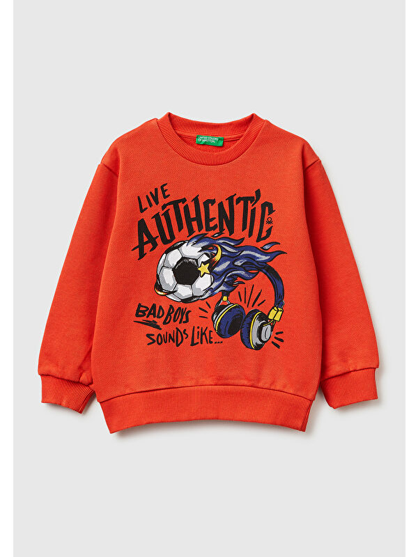 United Colors Of Benetton Erkek Çocuk Kırmızı Önü Baskılı Rahat Kalıp Bisiklet Yaka Sweatshirt