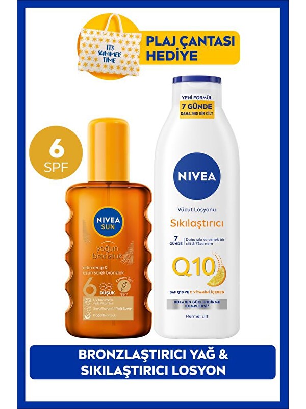 NIVEA SUN SPF6 Bronzlaştırıcı Güneş Yağı 200ml ve Q10 Sıkılaştırıcı Vücut Losyonu, Plaj Çantası Hediye