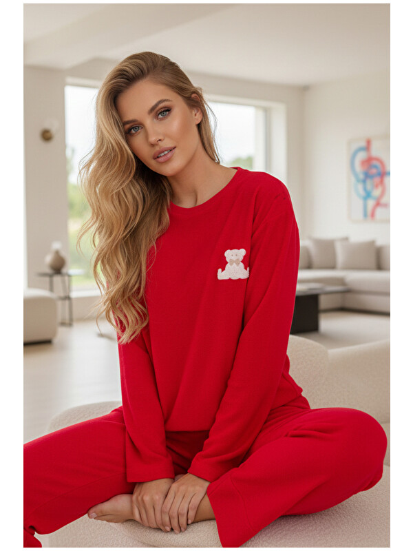 Siyah İnci kırmızı Nakışlı Havlu Kumaş Örme Pijama Takım25226007