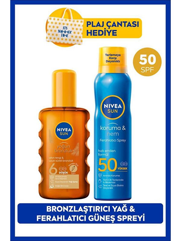 NIVEA SUN SPF50 Ferahlatıcı Güneş Koruyucu Sprey 200ml ve Bronzlaştırıcı Güneş Yağı 200ml, Çanta Hediye