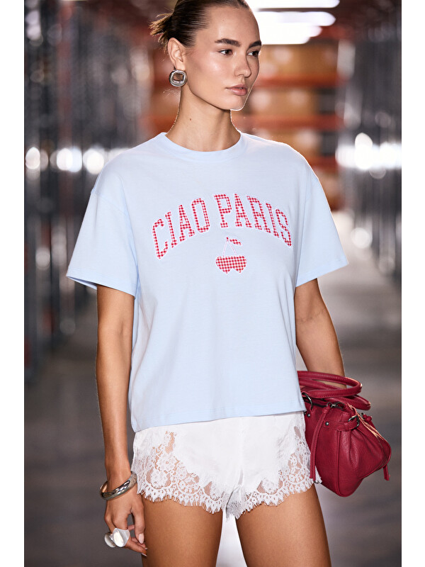 GRIMELANGE CIAETO Kadın %100 Organik Pamuklu Bisiklet Yakalı Dokuma Garni Nakışlı MAVİ T-Shirt