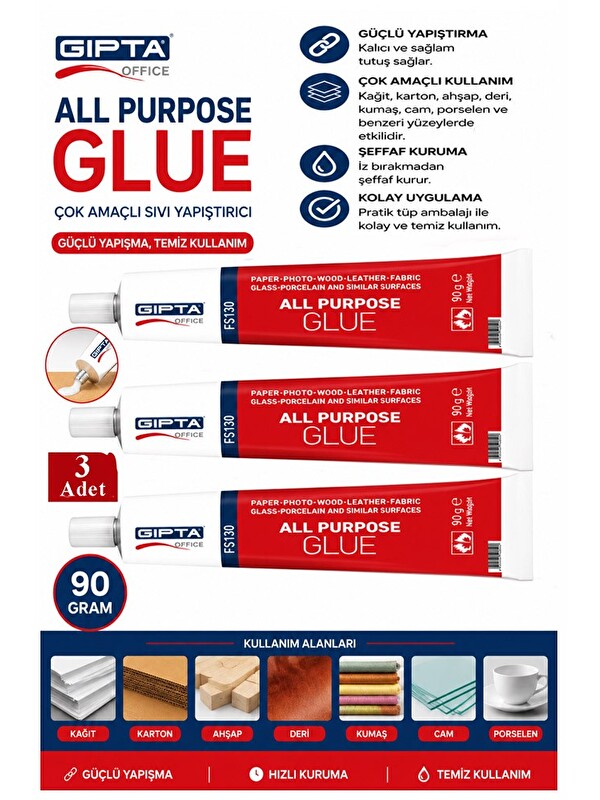 Artlantis Sıvı Yapıştırıcı 90 Gr Tüp Gıpta Çok Amaçlı Kuvvetli Yapıştırıcı 3 Adet Okul Büro Yapıştırıcısı Kağı