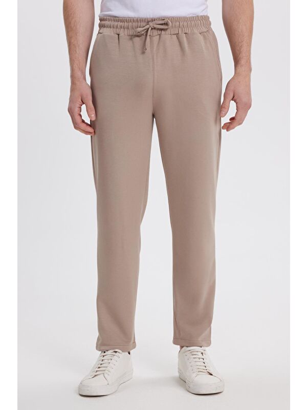 TUDORS Erkek Slim Fit Dar Kesim Beli Bağcıklı 3 Cepli Geniş Paça Koyu Vizon Eşofman Altı