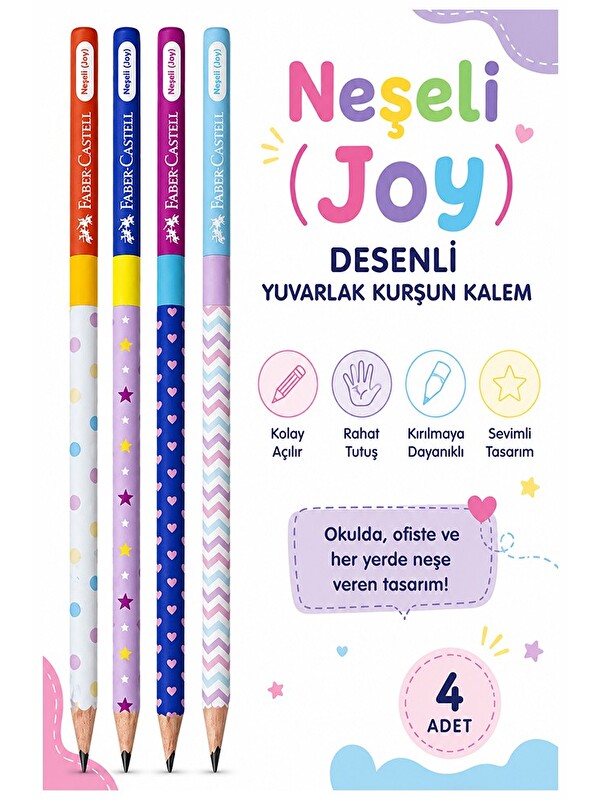 Artlantis Neşeli Joy Kurşun Kalem 4 Adet Yuvarlak Gövdeli Siyah Kurşun Kalem Yumuşak Yazım