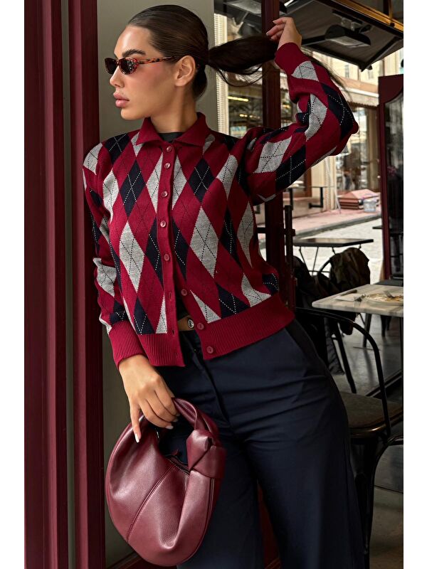 Madmext Bordo Baklava Desenli Polo Yaka Kadın Hırka Mg2478
