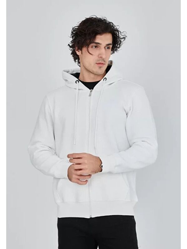 Jane's Unisex Tam Fermuarlı Kapüşonlu SweatShirt - Beyaz