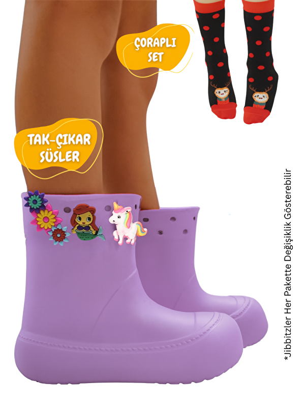 Lila Kız Çocuk Yağmur Botu & Çorap Set - Görsel 2