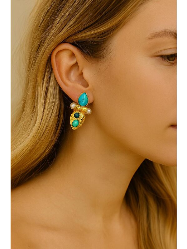 New Obsessions Turkuaz Taşlı Gold Etnik Görünüm Küpe