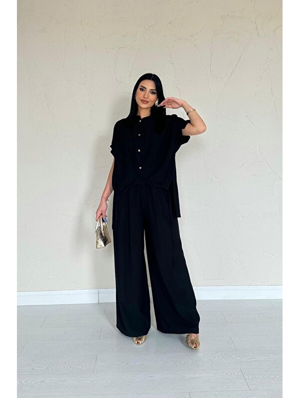 Jane's Siyah Önü Pileli İkili Keten Takım