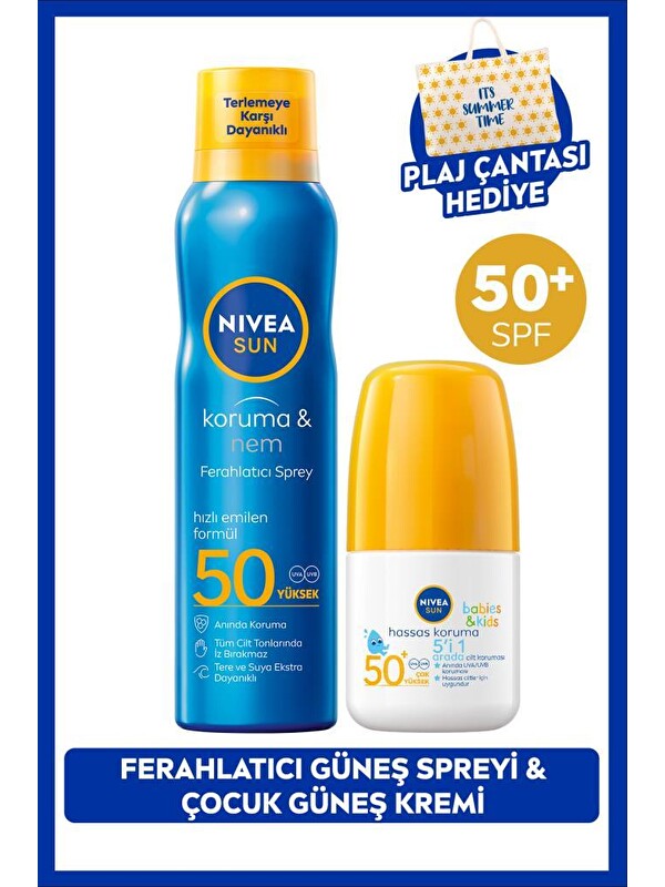 NIVEA SUN SPF50 Güneş Koruyucu Ferahlatıcı Sprey 200ml ve Çocuk Güneş Koruyucu Roll-on 50ml, Çanta Hediye