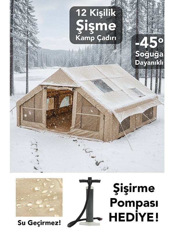 Meleni Home 12 Kişilik Şişme Kamp Çadırı - 4 Mevsim Su Geçirmez Pencereli Kamp Çadırı 300x400 cm