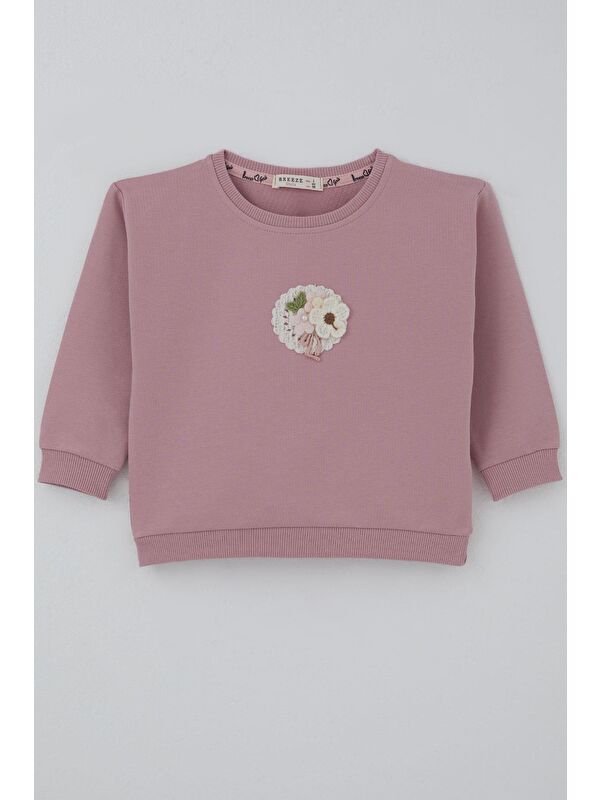 Breeze Kız Çocuk Sweatshirt Triko Çiçek Aplike Armalı Gülkurusu (2-6 Yaş)