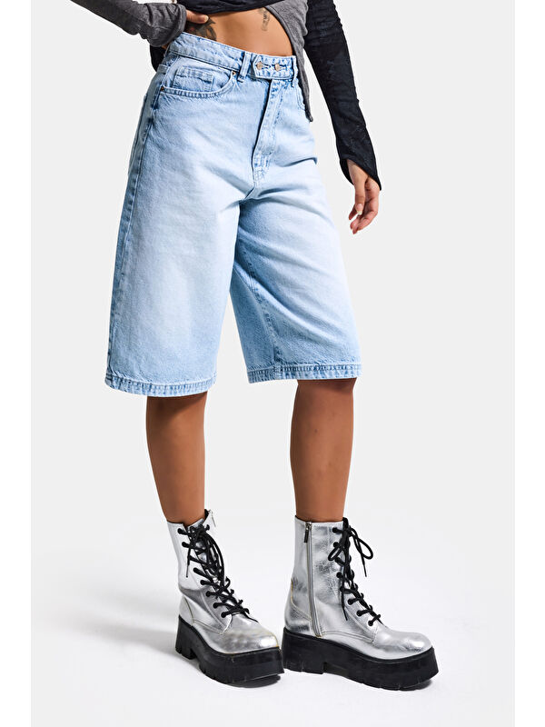 It's Basic Kadın Ice 4s6-3 Maxi Boy Bermuda Kemer Detaylı Denim Şort