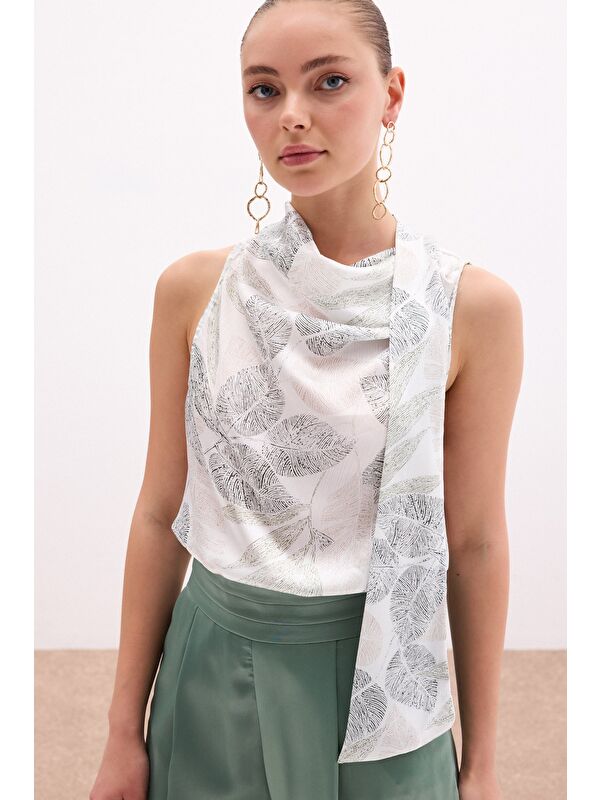 SATEEN Fularlı Desenli Bluz - Haki