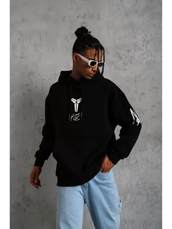 Jane's Unisex Sırt Baskılı Kapüşonlu Üç İplik Oversize Sweatshirt - Siyah