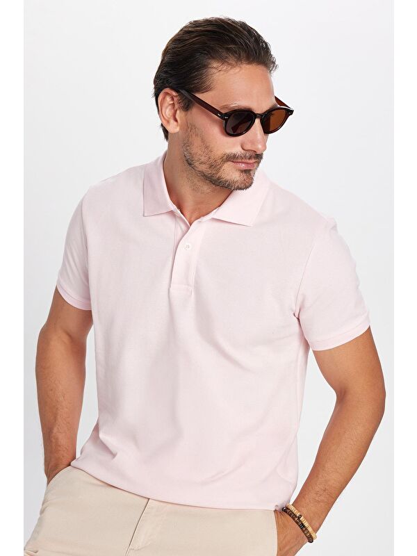 TUDORS Erkek Slim Fit Dar Kesim %100 Pamuk Pembe Polo Yaka Tişört