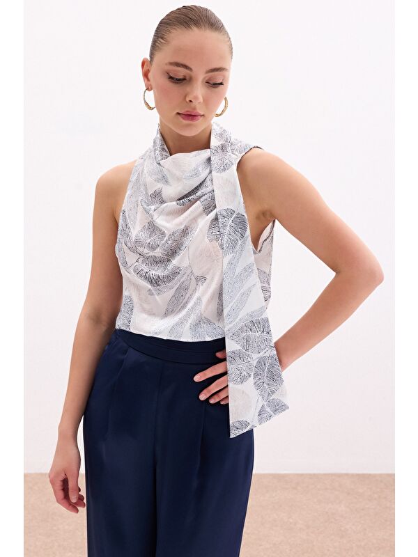 SATEEN Fularlı Desenli Bluz - Siyah