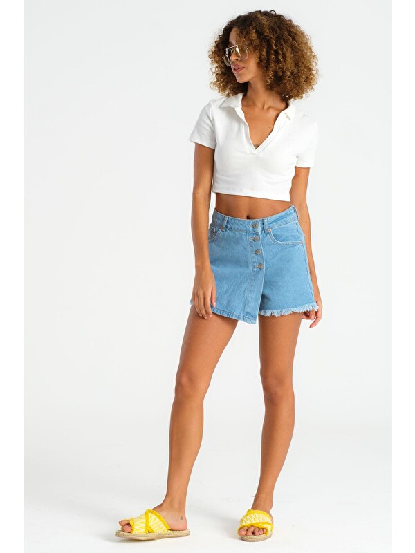 It's Basic Kadın  Mavi Renk Önü Düğmeli Denim Şort Etek