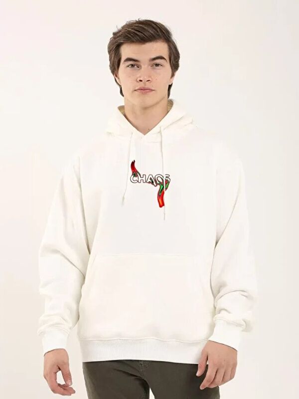 Jane's Unisex Baskılı Oversize Üç İplik Kapüşonlu Sweatshirt - Beyaz