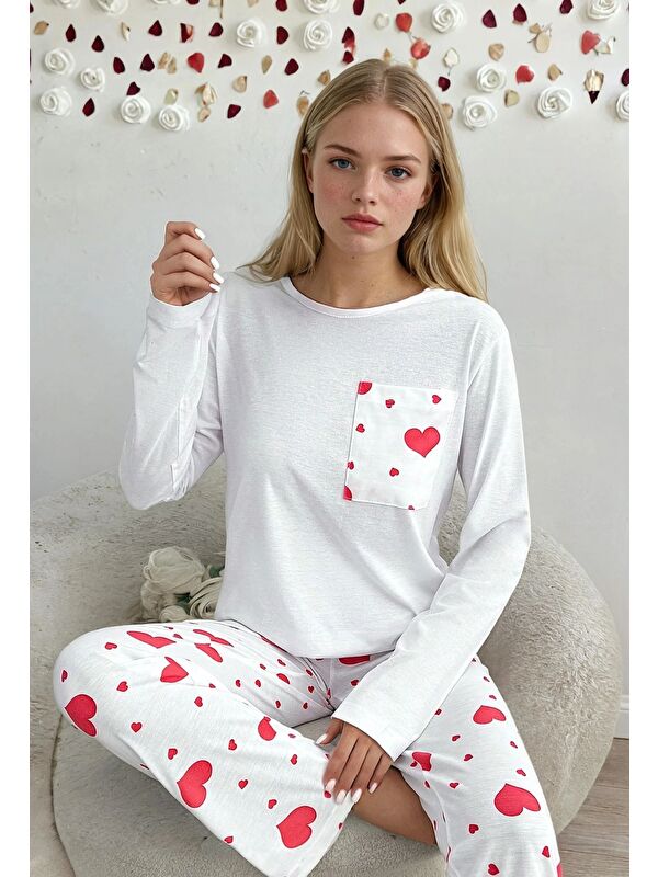 carla10 Beyaz Kırmızı Kalp Desenli Kadın Pijama Takımı