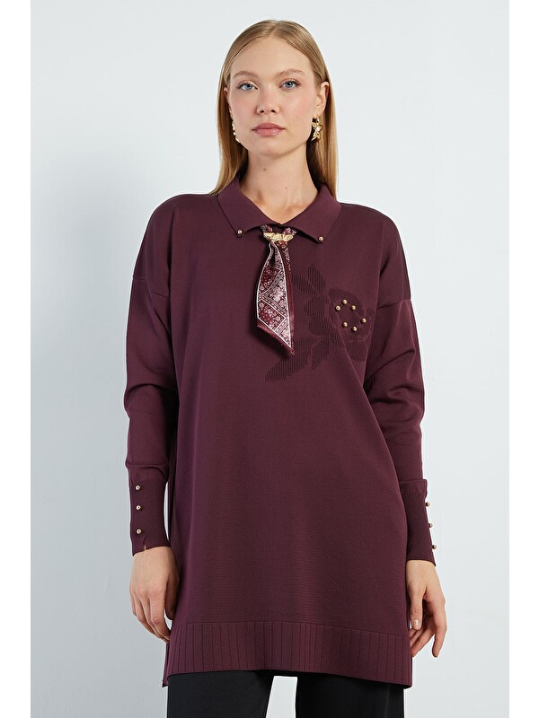 Fullamoda Fullamodest Fularlı Jakarlı Triko Tunik
