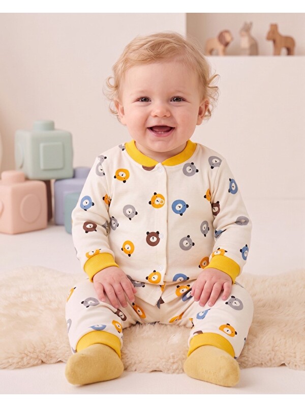 Ege Bebek Erkek Bebek Ayıcık Baskılı %100 Pamuklu 1-2-3 Yaş Çıtçıtlı Alt Üst  Mevsimlik Pijama Takımı