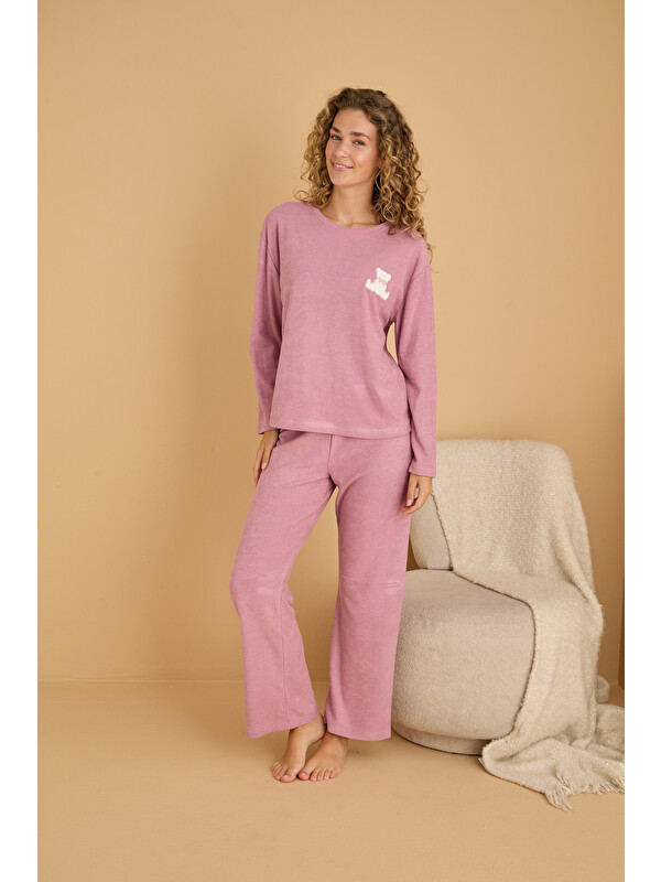 Siyah İnci pembe Nakışlı Havlu Kumaş Örme Pijama Takım25226007