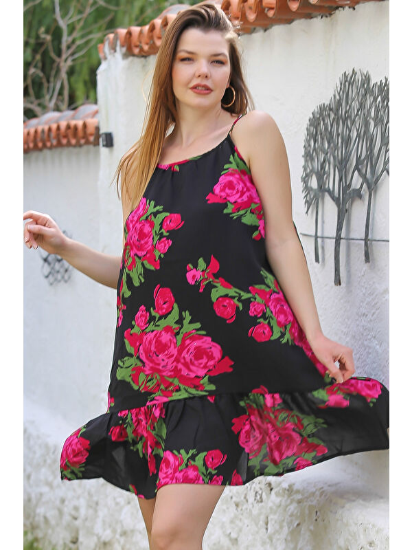Chiccy Siyah-Pembe Eteği Fırfırlı Ayarlanabilir Askılı Allover Baskılı Casual Viskon Dokuma Elbise 105 66