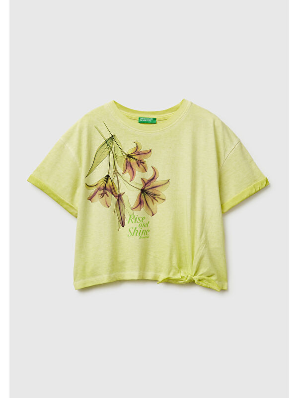 United Colors Of Benetton Kız Çocuk Sarı Etek Ucu Düğümlü Baskılı Boxy Fit Kısa Kollu T-Shirt