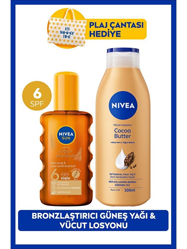 NIVEA SUN SPF6 Bronzlaştırıcı Güneş Yağı 200ml ve Q10 Bronzlaştırıcı Vücut Losyonu 250ml, Çanta Hediyeli