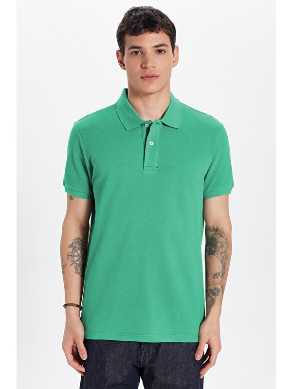 TUDORS Erkek Slim Fit Dar Kesim %100 Pamuk Yeşil Polo Yaka Tişört