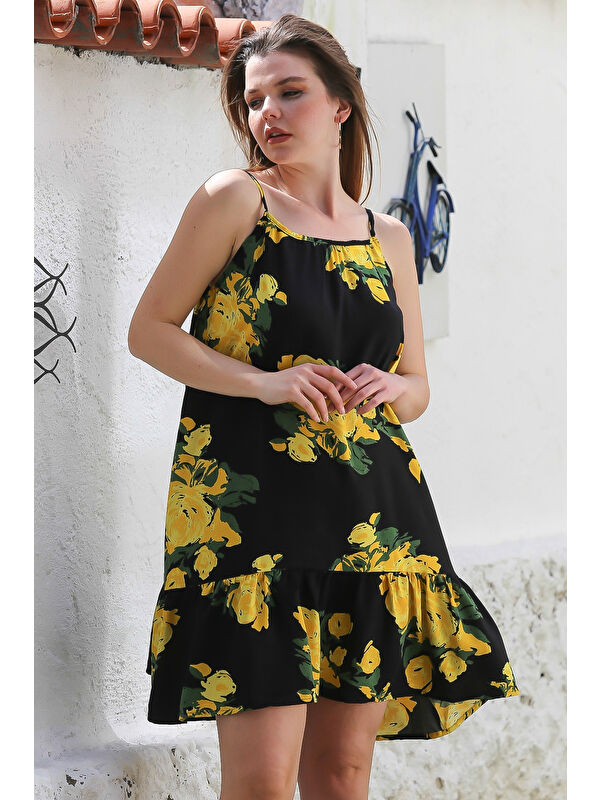 Chiccy Siyah-Sarı Eteği Fırfırlı Ayarlanabilir Askılı Allover Baskılı Casual Viskon Dokuma Elbise 105 66