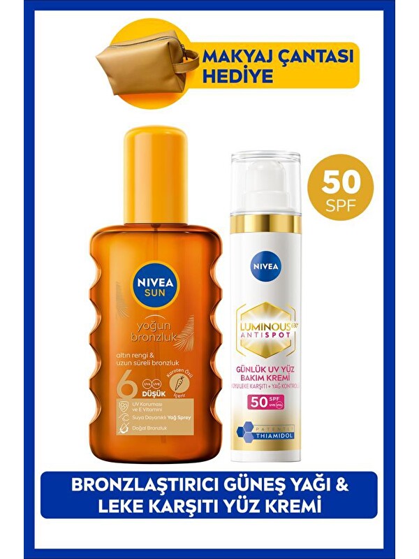 NIVEA SPF50 Luminous630 Leke Karşıtı Gündüz Yüz Kremi ve Bronzlaştırıcı Güneş Yağı, Makyaj Çantası Hediye