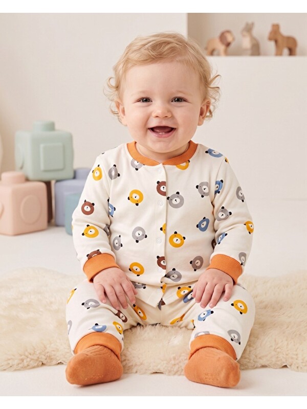 Ege Bebek Erkek Bebek Ayıcık Baskılı %100 Pamuklu 1-2-3 Yaş Çıtçıtlı Alt Üst  Mevsimlik Pijama Takımı