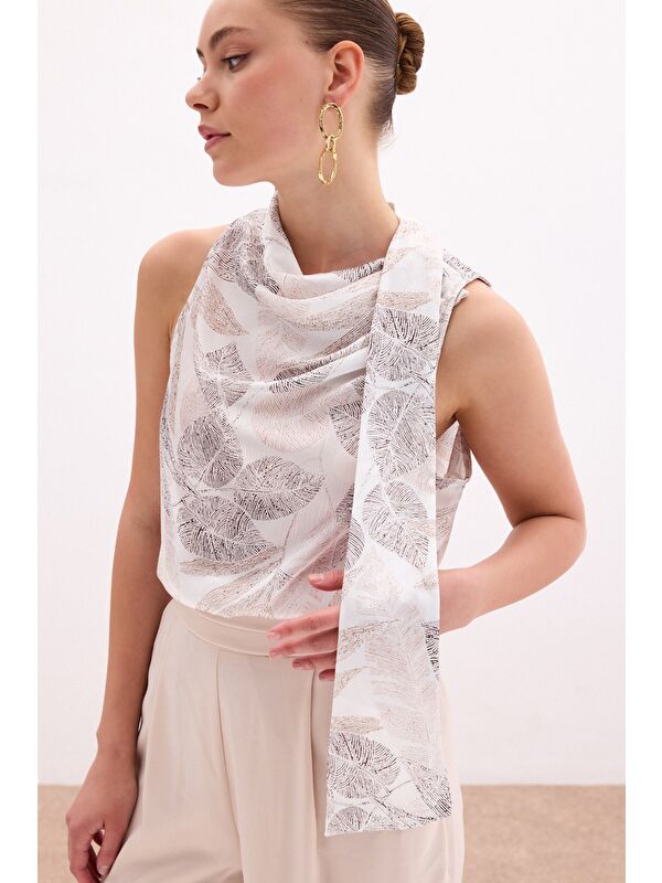 SATEEN Fularlı Desenli Bluz - Vizon